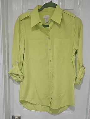 Chico's Bright Lime Green Utility Button-Down Shirt